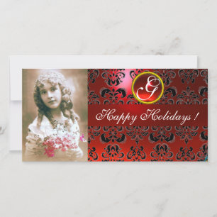 BLACK AND RED DAMASK Ruby Monogram Holiday Card