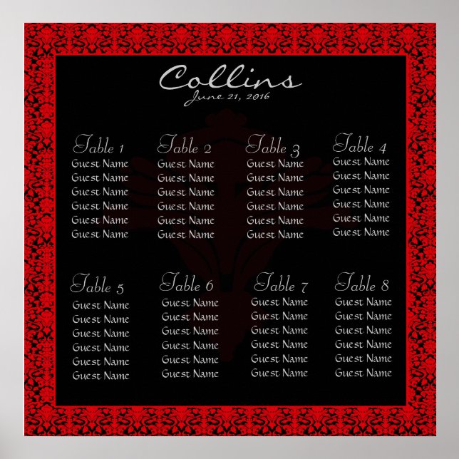 Black and Red Damask Seating Chart (Front)