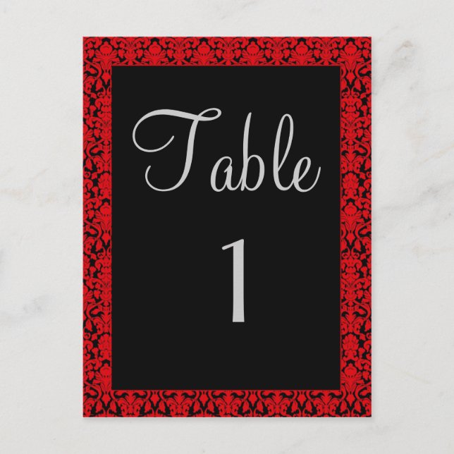 Black and Red Damask Table Number Cards (Front)