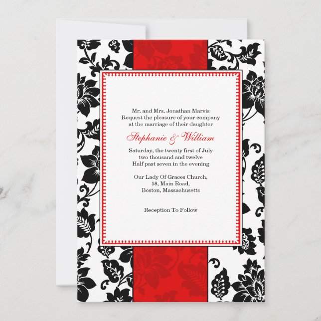 Black and Red Damask Wedding Invitation (Front)