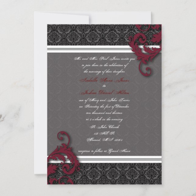 Black and Red Elegant Damask Invitation (Front)