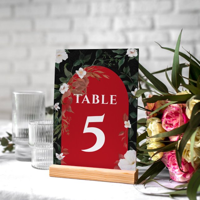 Black and Red Elegant White Floral Wedding  Table Number (Creator Uploaded)