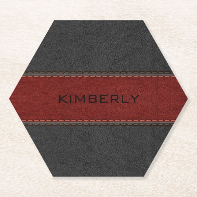 Black and red faux stitched leather paper coaster (Front)