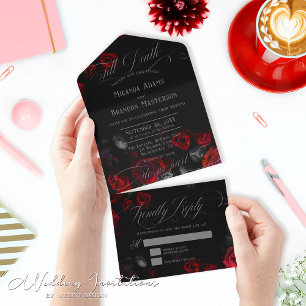 Black and Red Floral All In One Wedding Invitation