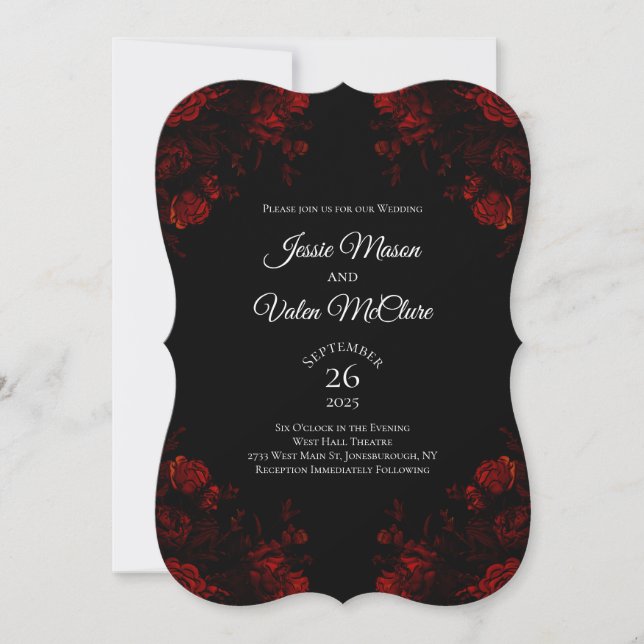 Black and Red Floral Elegant Gothic Wedding Invitation (Front)