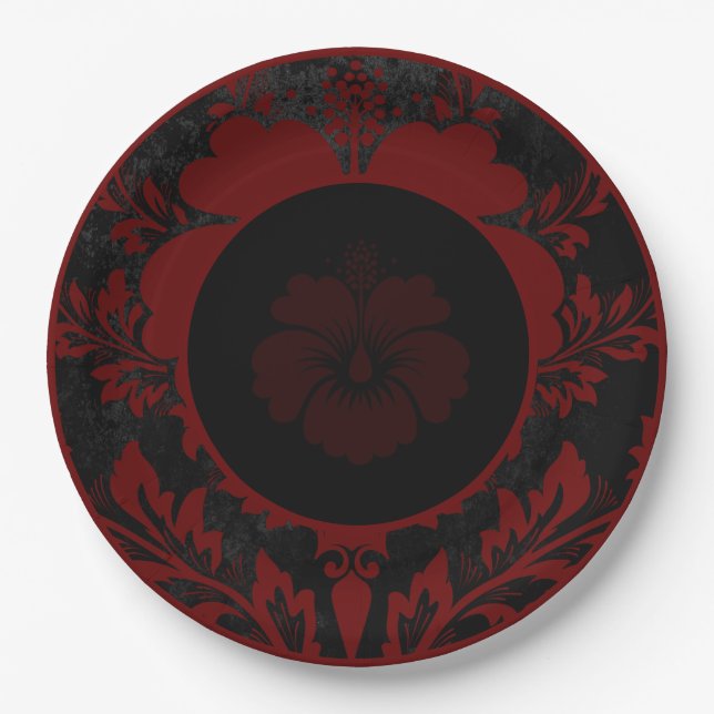 Black and red floral formal wedding paper plate (Front)