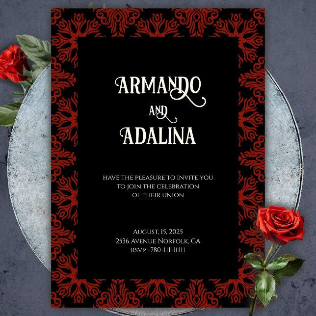 Black and Red Floral Gothic Dark Elegant Wedding Invitation (Gothic Red and Black Wedding Invitation)