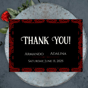 Black and Red Floral Gothic Dark Elegant Wedding Thank You Card