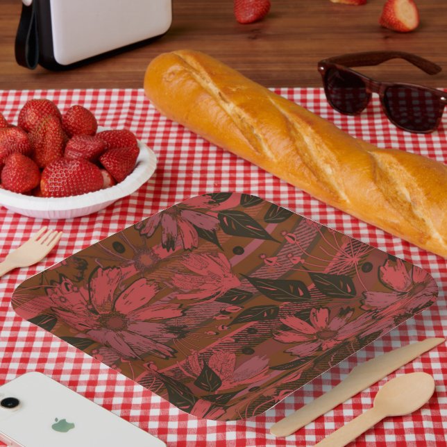 Black and red floral pattern. paper plate (Picnic)