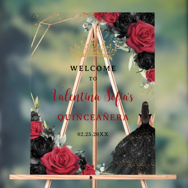 Black and Red Floral Princess Quinceañera Welcome Acrylic Sign (Neutral)