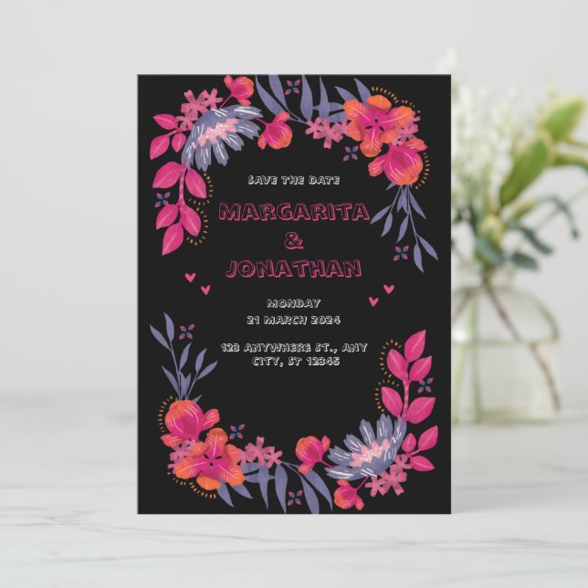 Black and Red Floral Wedding Invitation (Standing Front)