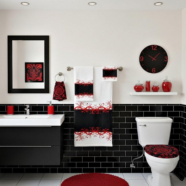 Black and red flourish border bath towel set (Creator Uploaded)