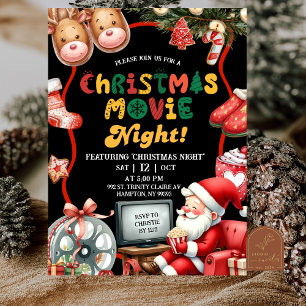 Black and Red Fun Retro Christmas Movie Night  Invitation