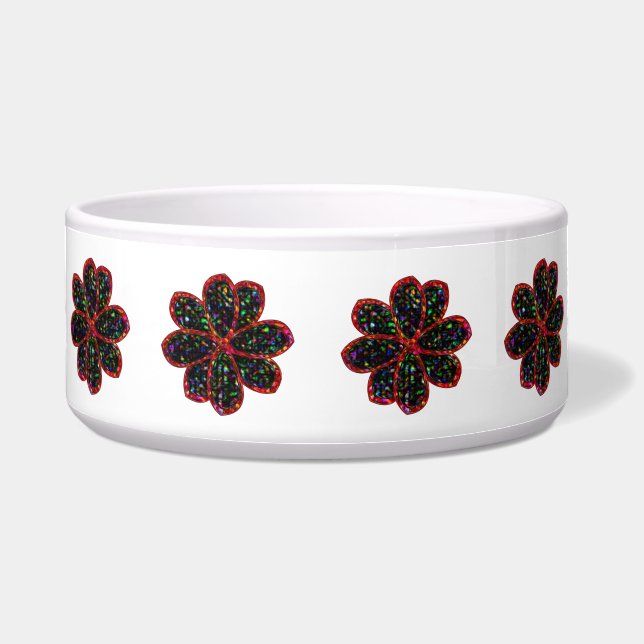 Black and Red Glitter Flower Pet Bowl (Front)