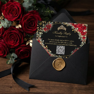 Black and Red Golden Butterfly Quinceañera RSVP Card