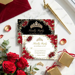 Black and Red Golden Butterfly Quinceañera RSVP Card