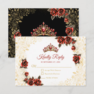 Black and Red Golden Tiara Floral Rose Quinceañera RSVP Card