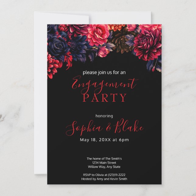 Black and Red Gothic Floral Dark Engagement Party Invitation (Front)