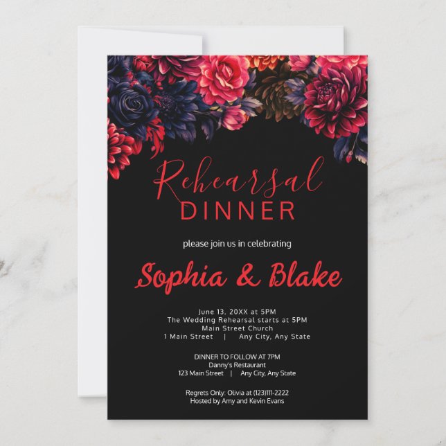 Black and Red Gothic Floral Dark Rehearsal Dinner Invitation (Front)