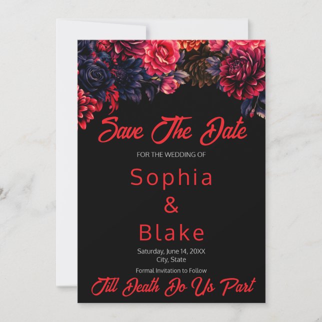 Black and Red Gothic Floral Dark Save the Date Invitation (Front)