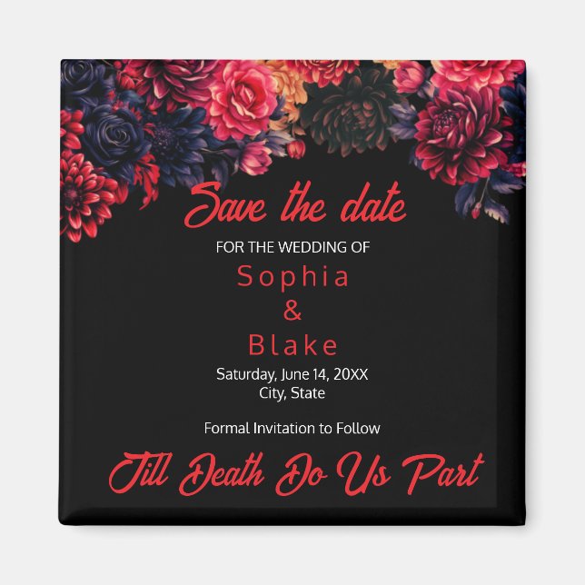 Black and Red Gothic Floral Dark Save the Date Magnet (Front)