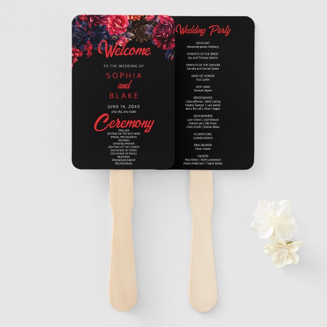 Black and Red Gothic Floral Dark Wedding Program Hand Fan (Front and Back)