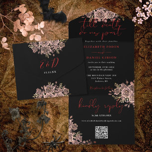 Black And Red Gothic Roses QR Code Wedding All In One Invitation