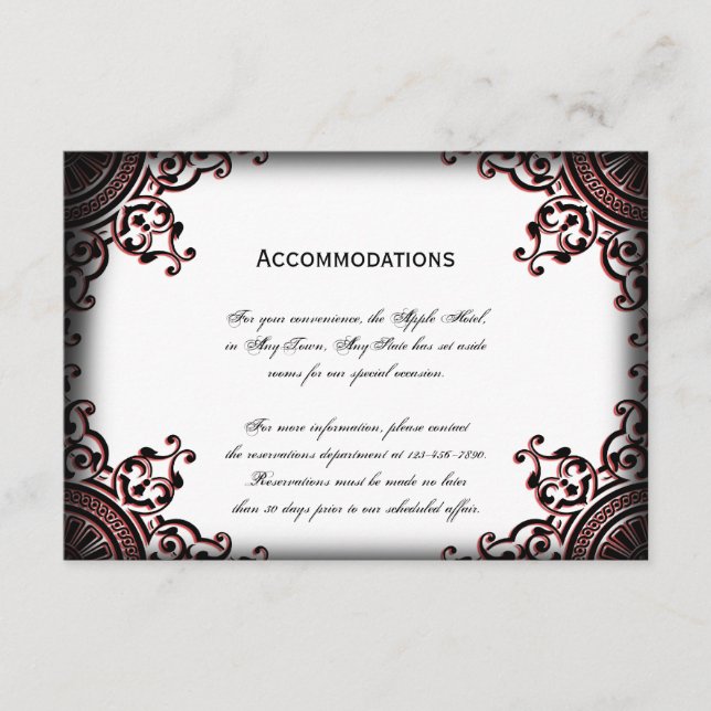 Black and Red Gothic Scroll Wedding Accomodations Enclosure Card (Front)