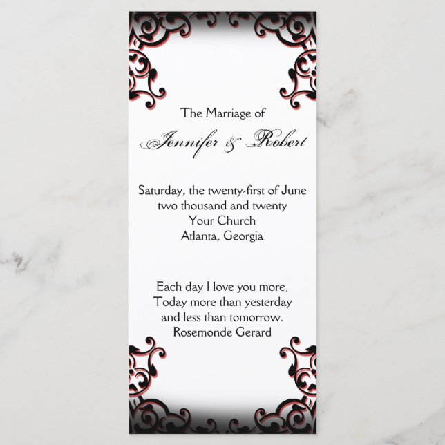 Black and Red Gothic Scroll Wedding Program Programme (Front)