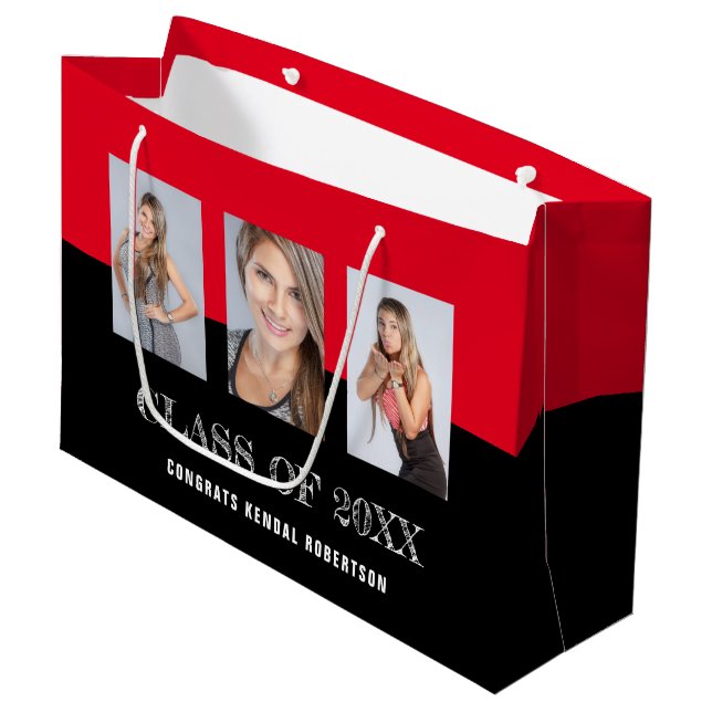 Black and Red Graduation Photo Collage Large Gift Bag (Front Angled)