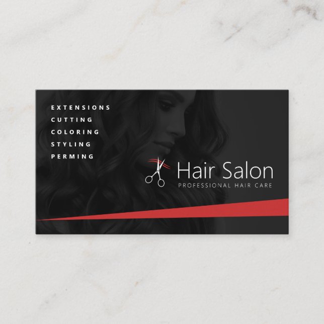 Black and Red Hair Salon, Hairdresser, Hairstylist Business Card (Front)