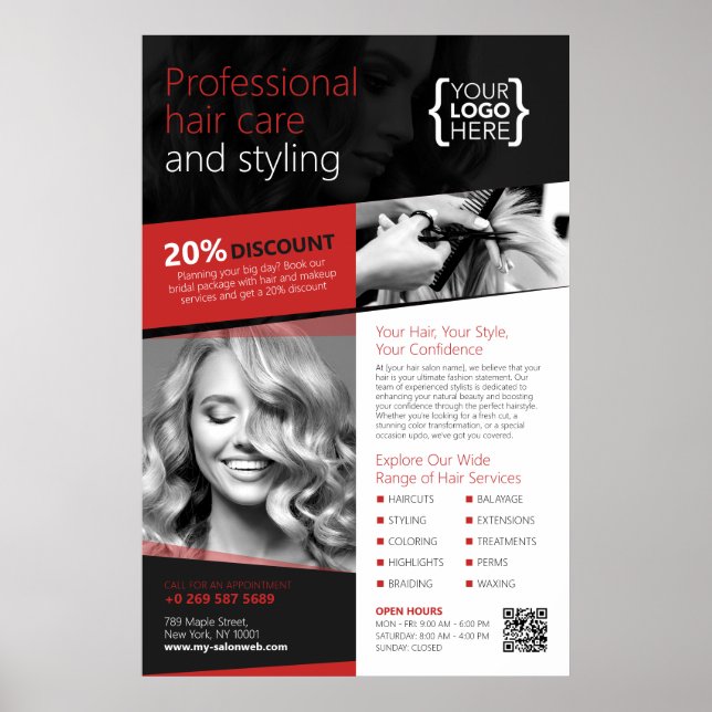Black and Red Hair Salon, Hairdresser Poster (Front)