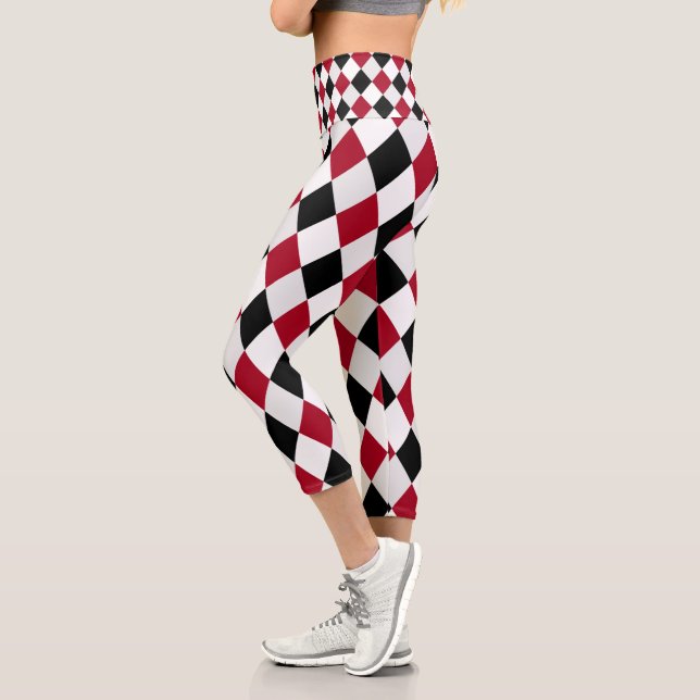 Black and Red Harlequin Diamond Pattern Capri Leggings (Left)
