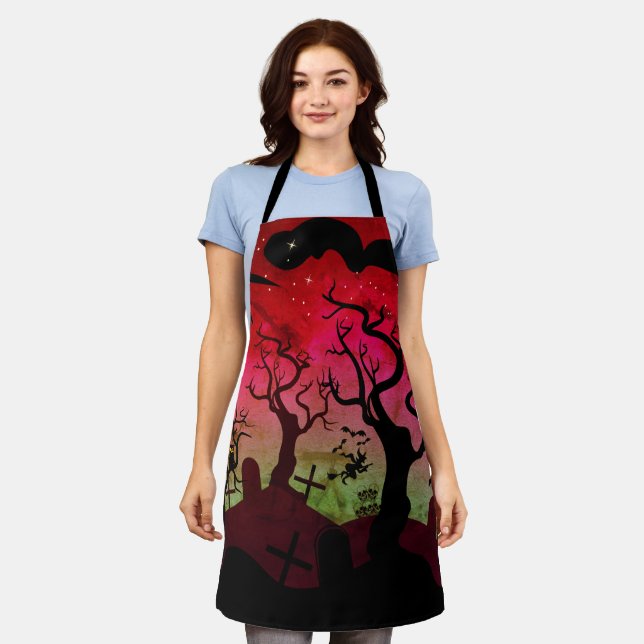 Black and red haunted graveyard Halloween Apron (Worn)