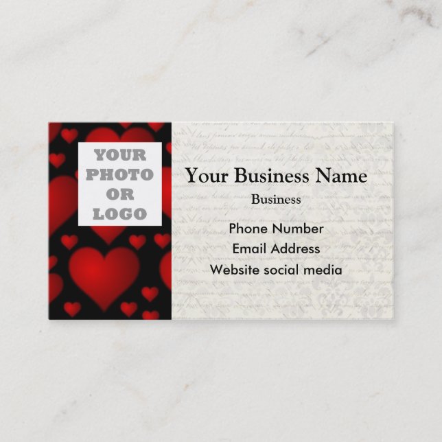 Black and red heart pattern photo template business card (Front)