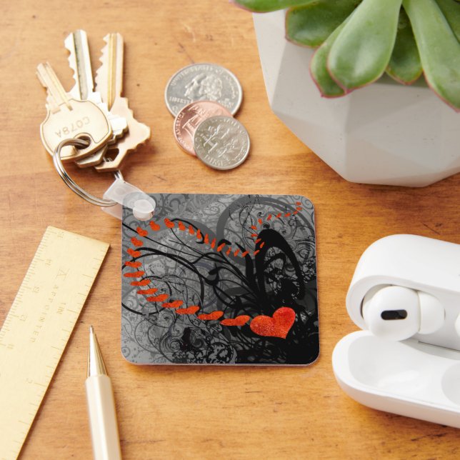 Black and Red Heart Swirls Key Ring (Desk)
