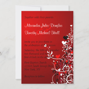 Black and red heart swirls wedding 5x7 invitation