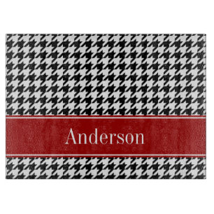 Black and Red Houndstooth Pattern Personalised Cutting Board