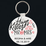 Black and Red Hugs and Kisses From New Mr and Mrs Key Ring<br><div class="desc">This handwriting calligraphy is perfect for wedding, bridal shower, engagement party and anniversary celebration party favour. Get this chic and elegant design for your outdoor spring wedding, in the country or at a romantic botanical garden. Personalise the text using hand lettering script font to include the bride and groom's name...</div>