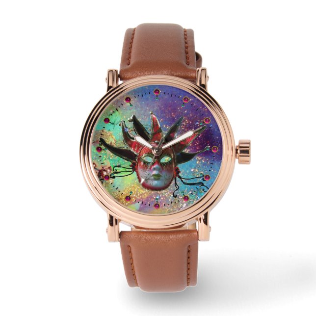 BLACK AND RED JESTER MASK Blue Masquerade Party Watch (Front)