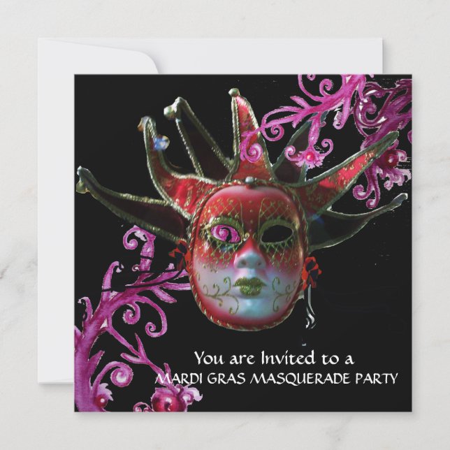 BLACK AND RED JESTER MASK , Masquerade Party Gold Invitation (Front)