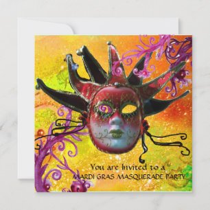 BLACK AND RED JESTER MASK , Masquerade Party Invitation