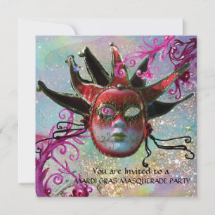 BLACK AND RED JESTER MASK , Masquerade Party Invitation
