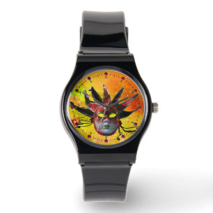 BLACK AND RED JESTER MASK Masquerade Party Yellow Watch