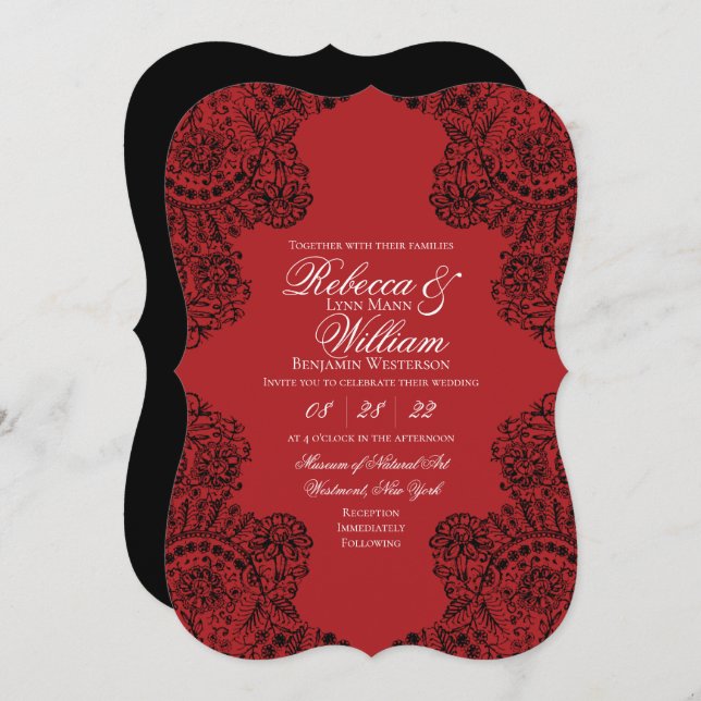 Black and Red Lace Elegant Gothic Wedding Invitation (Front/Back)