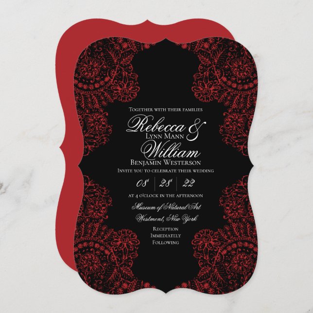 Black and Red Lace Elegant Gothic Wedding Invitation (Front/Back)