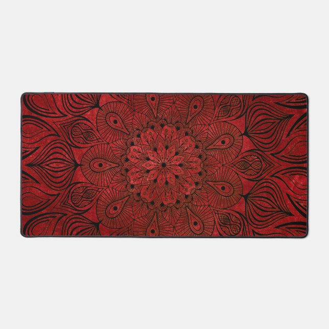 Black and Red Mandala Flower Zen Cool Neutral Goth Desk Mat (Front)
