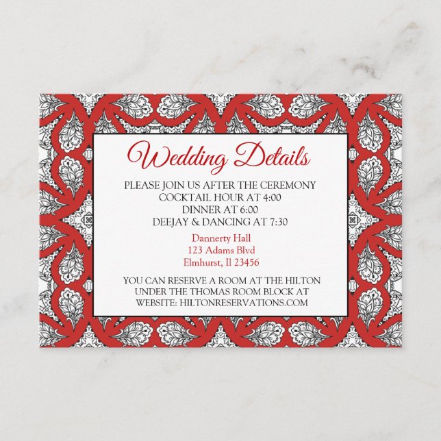 Black and Red Mandala Wedding Details Card (Front)