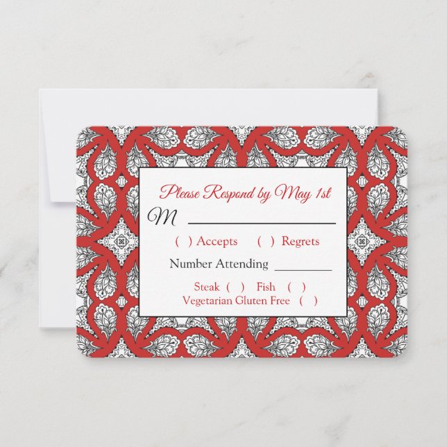 Black and Red Mandala Wedding RSVP card (Front)