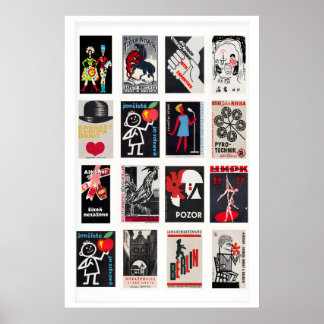 Black and Red Matchbox Label Collage, vintage Poster